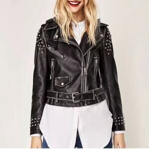 Zara Moto Distressed Faux Leather Studded Jacket with Sweatshirt Hood XS Black